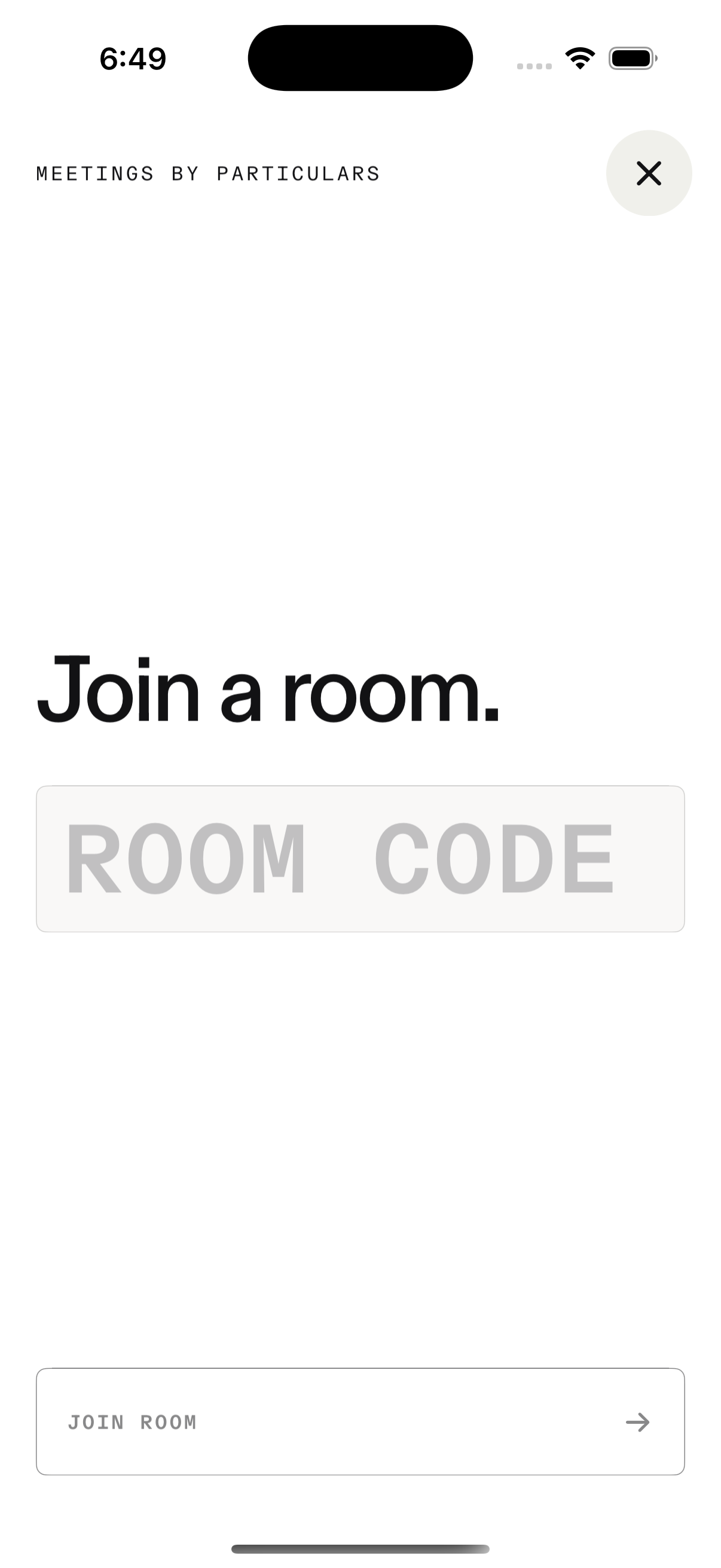 Meetings room-code entry screen on iPhone