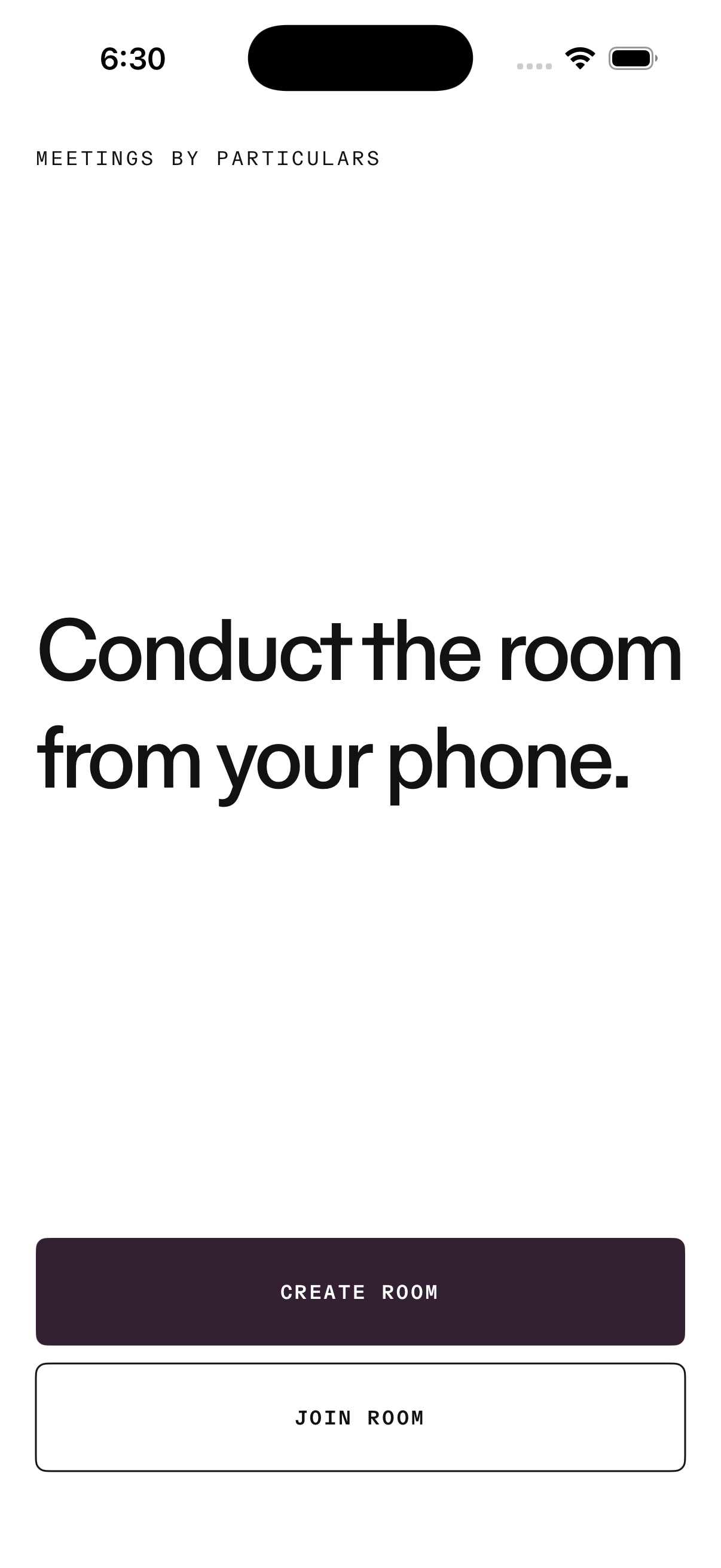 Meetings iPhone start screen with Create room and Join room actions
